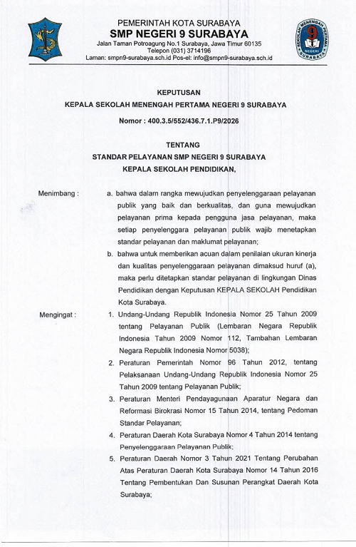 STANDAR LAYANAN SMPN 9 SURABAYA